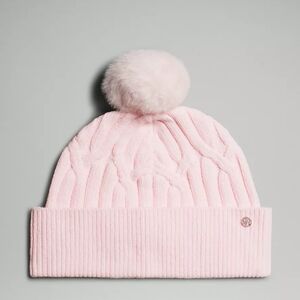 NWT Lululemon Athletica Light Pink Cable-Knit Beanie with White Pom Pom